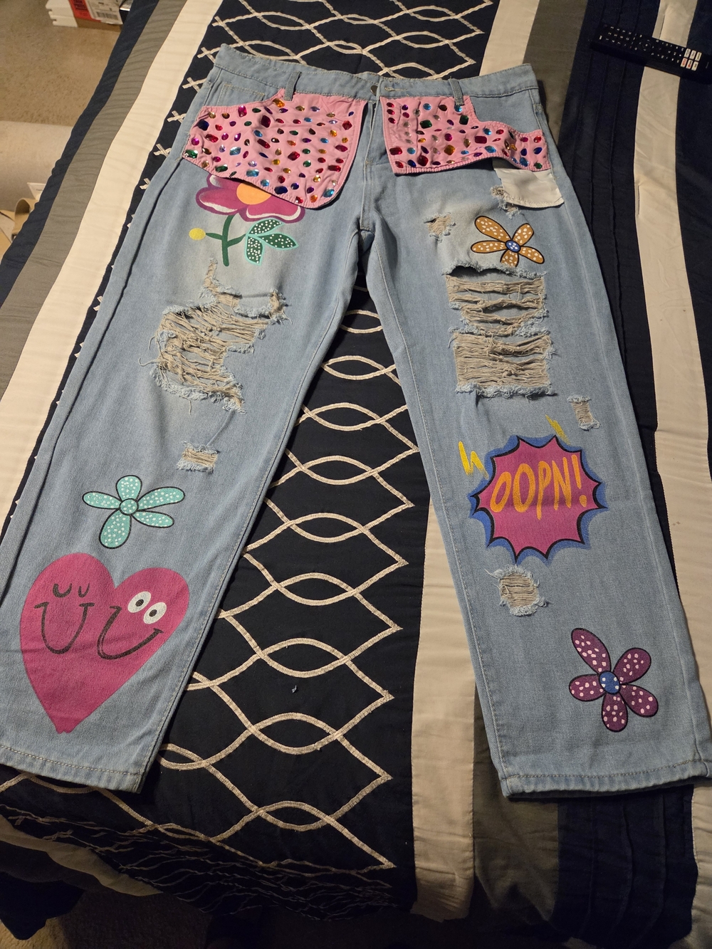 Light Wash Women’s Jeans with Pink Patchwork & Playful Graphics